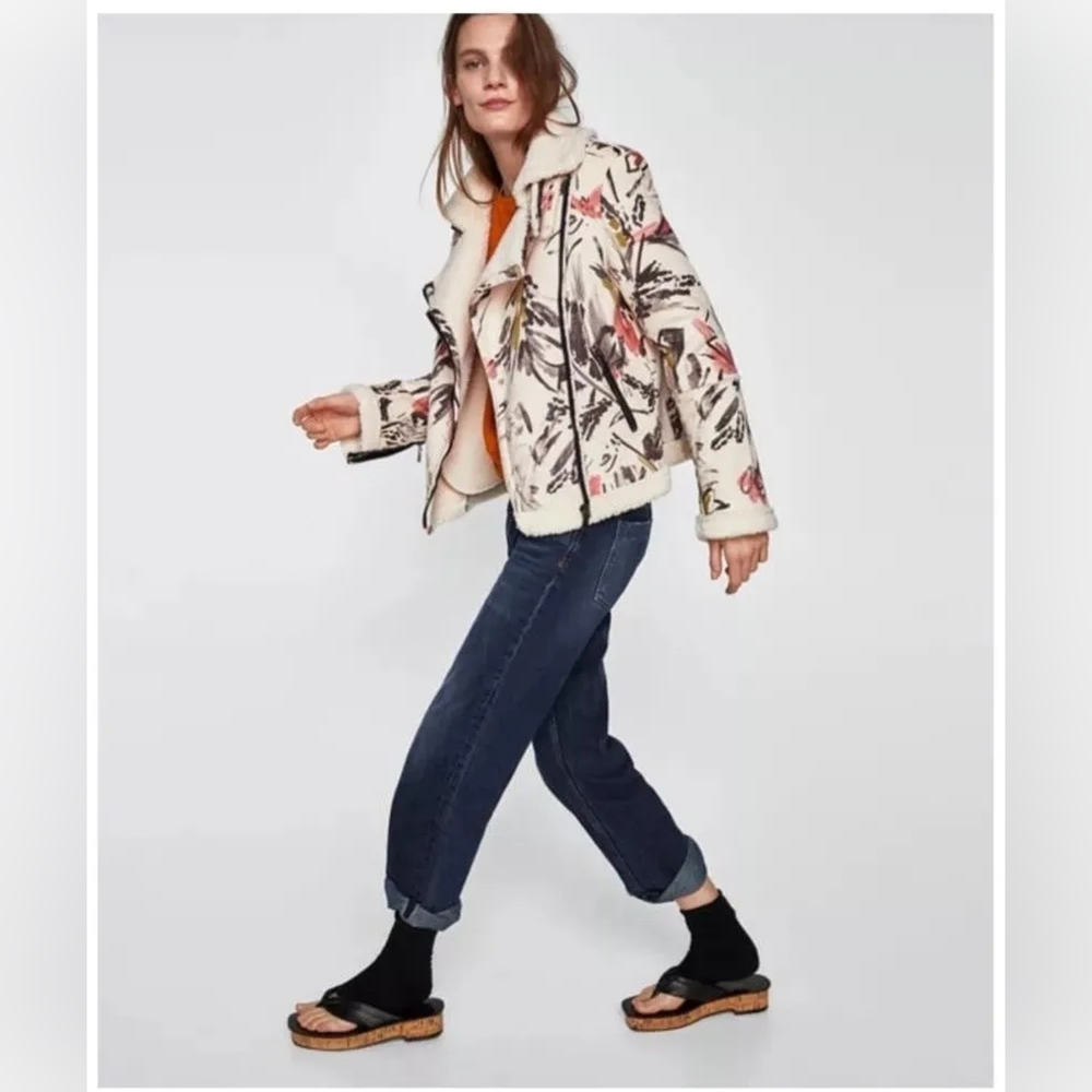 ZARA WOMAN AW17 FAUX SUEDE Abstract PRINTED MOTO JACKET SIZE Small